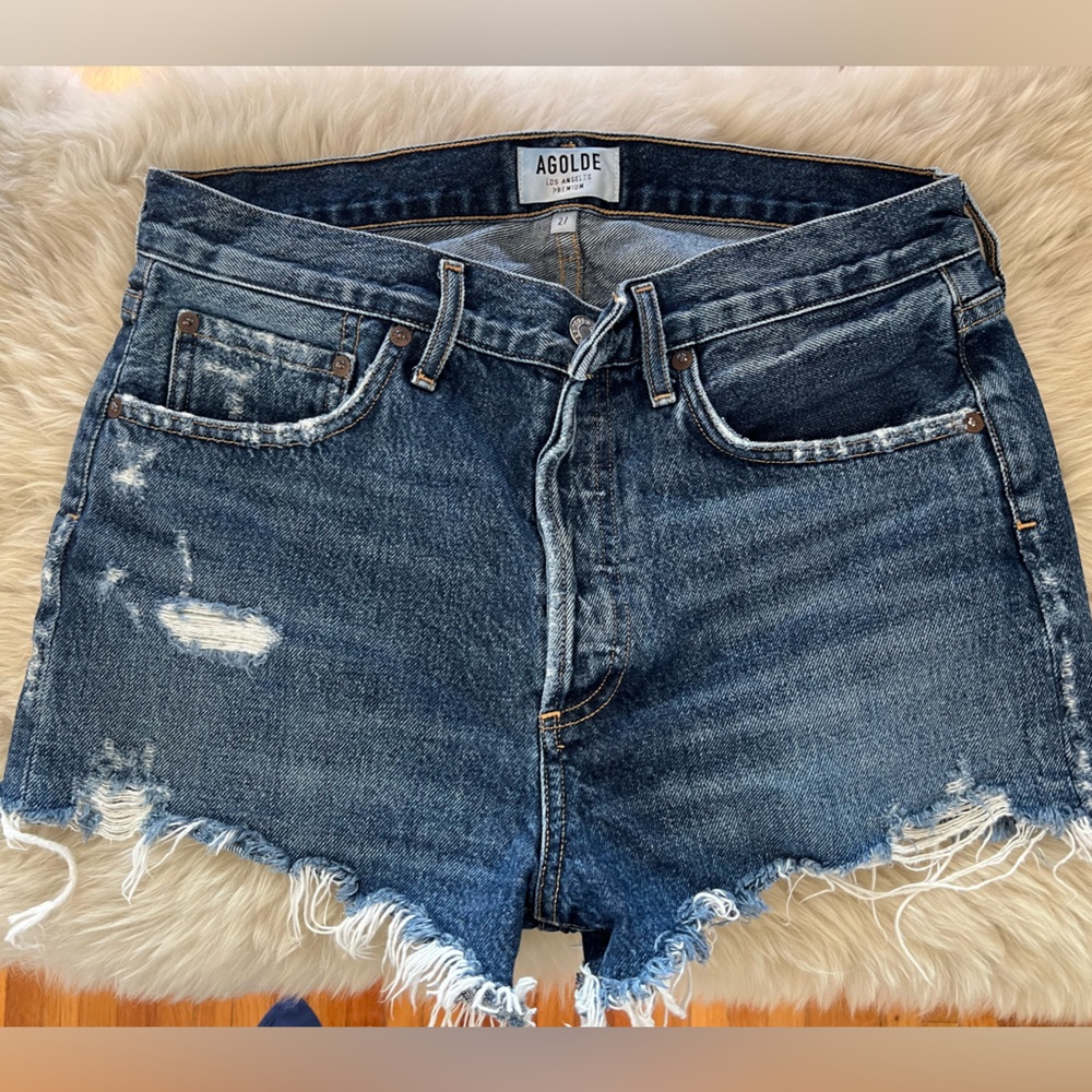 Agolde Frayed Hem Blue Denim Shorts